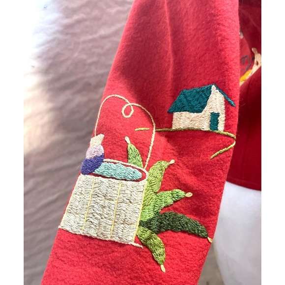 Vintage Handmade Embroidered Sweater Jacket Village Farmer Setting OOAK - Picture 7 of 16